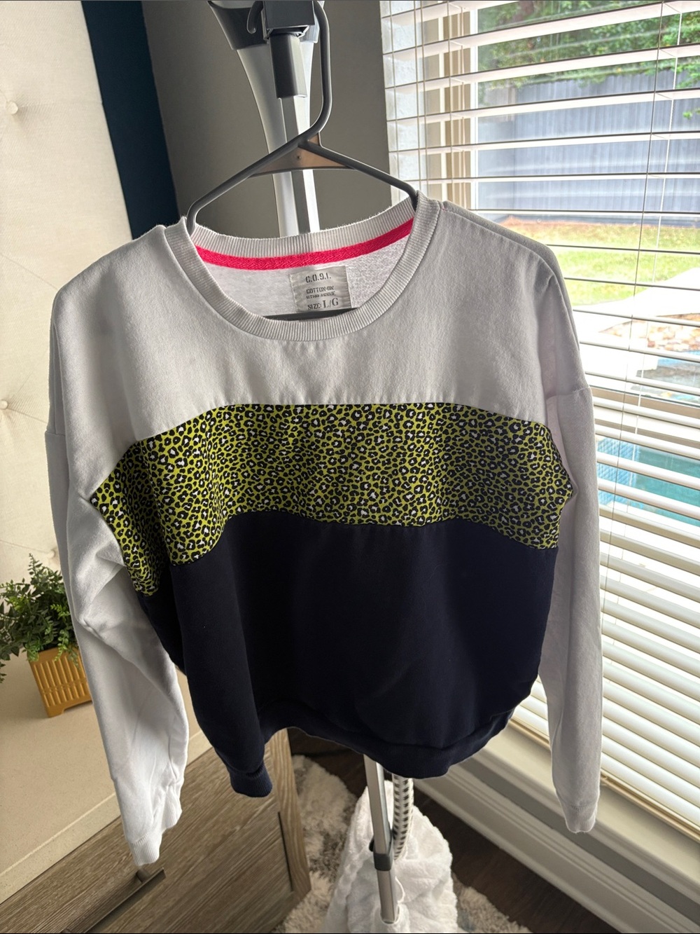 Cotton On White Navy Sweatshirt with Neon Leopard Trim
